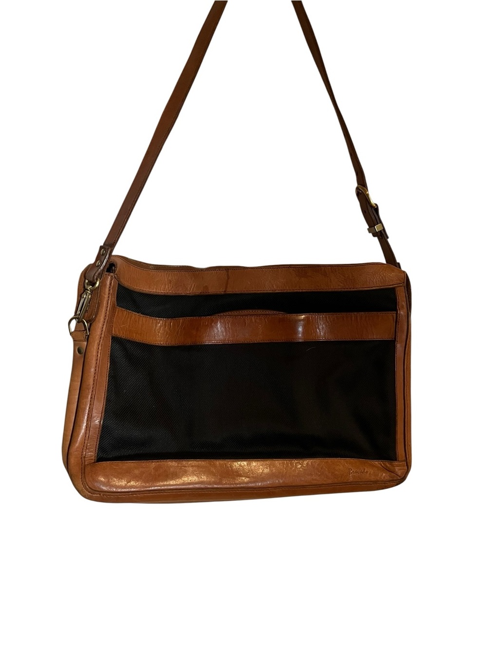 Vintage Bravado Leather Canvas Messenger Crossbody Satchel Bag Brass 17x12 - Picture 5 of 11